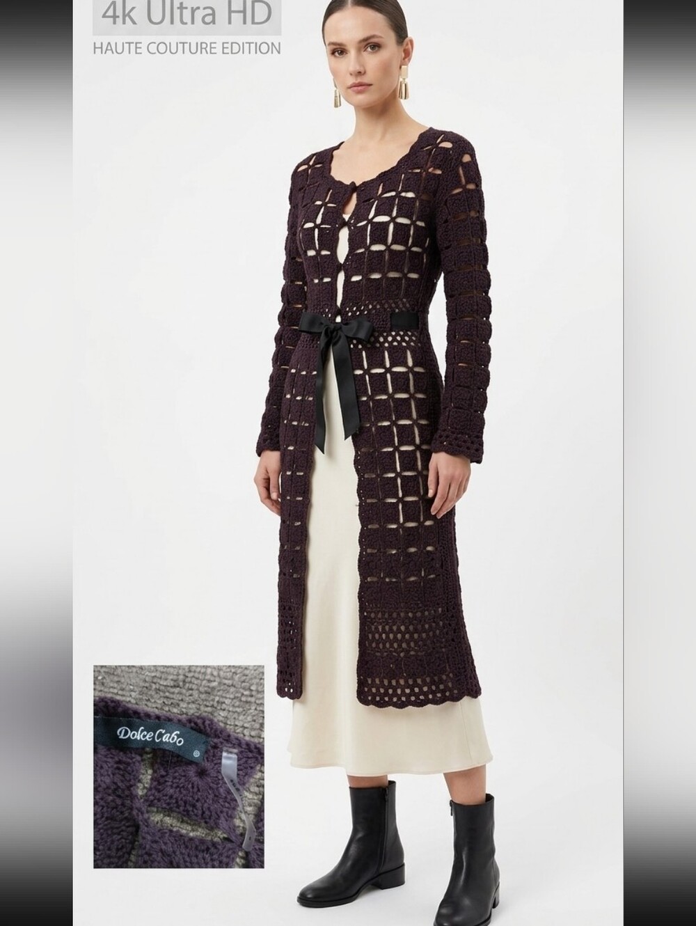 Dolce Cabo Crochet Knit Duster Cardigan Long Sleeve Ribbon Belt Size Small